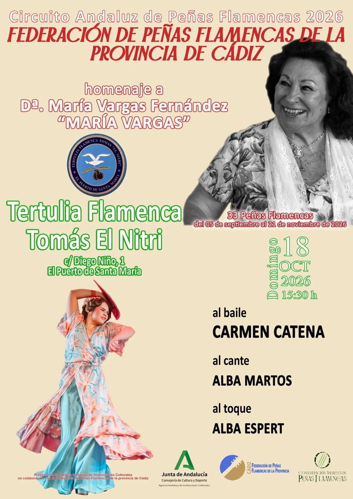 Cartel del Circuito Andaluz de Peñas Flamencas con Carmen Catena al baile y Alba Espert a la guitarra