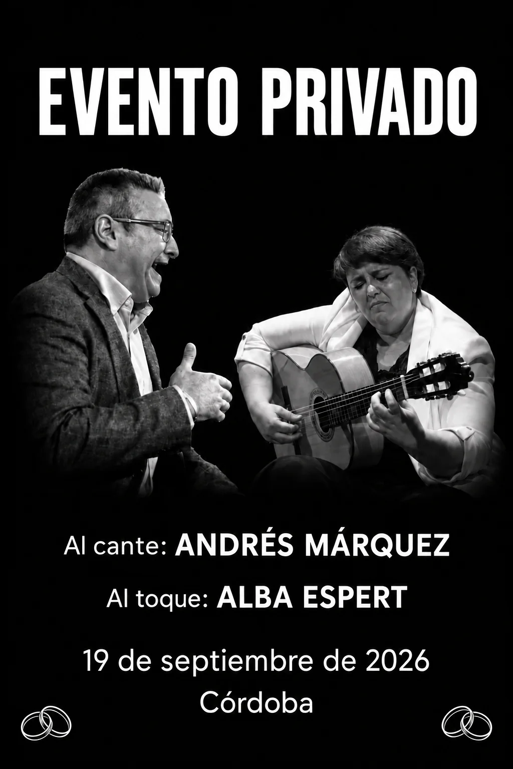 Cartel de actuación privada con Andrés Márquez al cante y Alba Espert a la guitarra