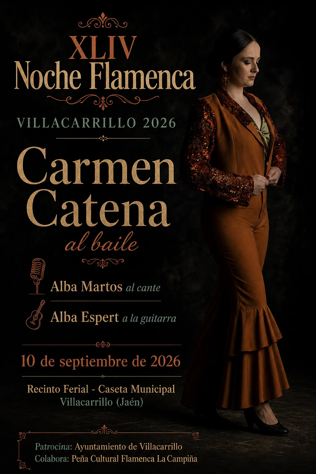 Cartel de la XLIV Noche Flamenca de Villacarrillo con Carmen Catena y Alba Espert
