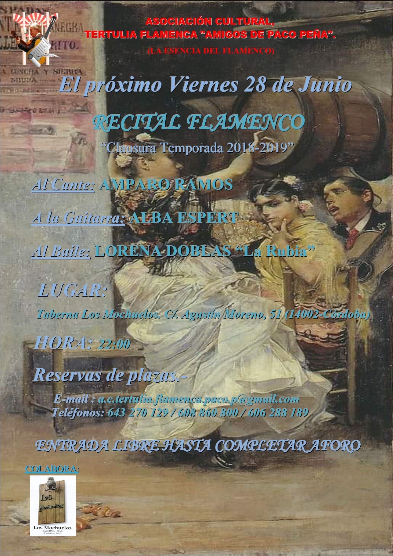 Cartel o imagen de Recital Flamenco de Clausura de la temporada 2018/19 de la Tertulia Flamenca “Amigos de Paco Peña” con Amparo Ramos al cante y Alba Espert al toque”