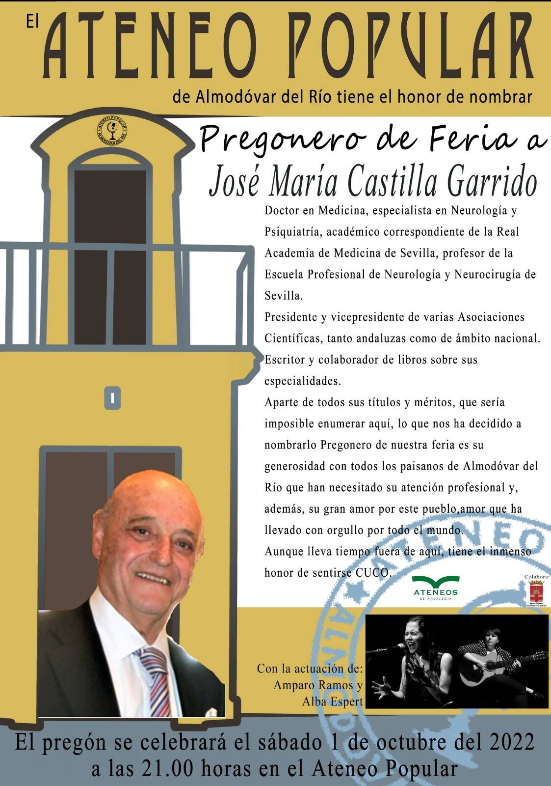 Cartel o imagen de Pregón de Feria 2022 · Amparo Ramos al cante y Alba Espert a la guitarra