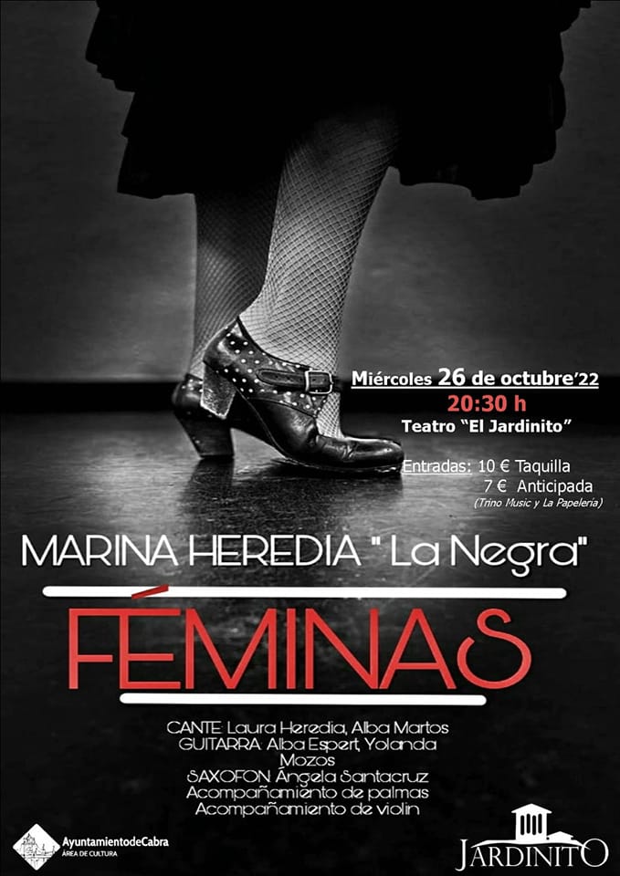 Cartel o imagen de Espectáculo Flamenco "Féminas" · Marina Heredia "La Negra" al baile, Laura Heredia y Alba Martos al cante, Alba Espert y Yolanda Mozos a la guitarra, Ángela Santacruz al saxofón