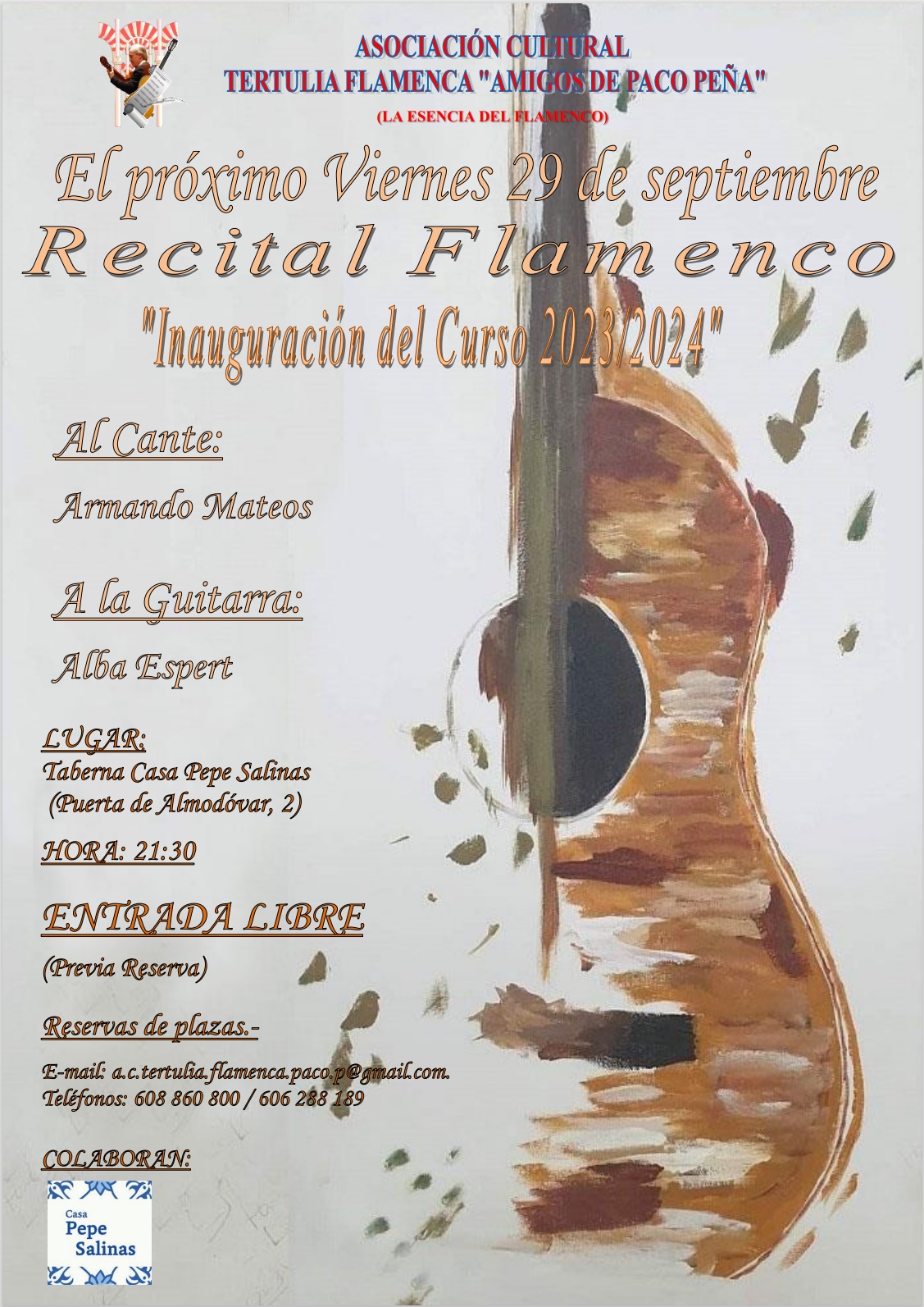 Cartel o imagen de Recital Flamenco - Inauguración del Curso 2023/24 · Acompañando el cante de Armando Mateos