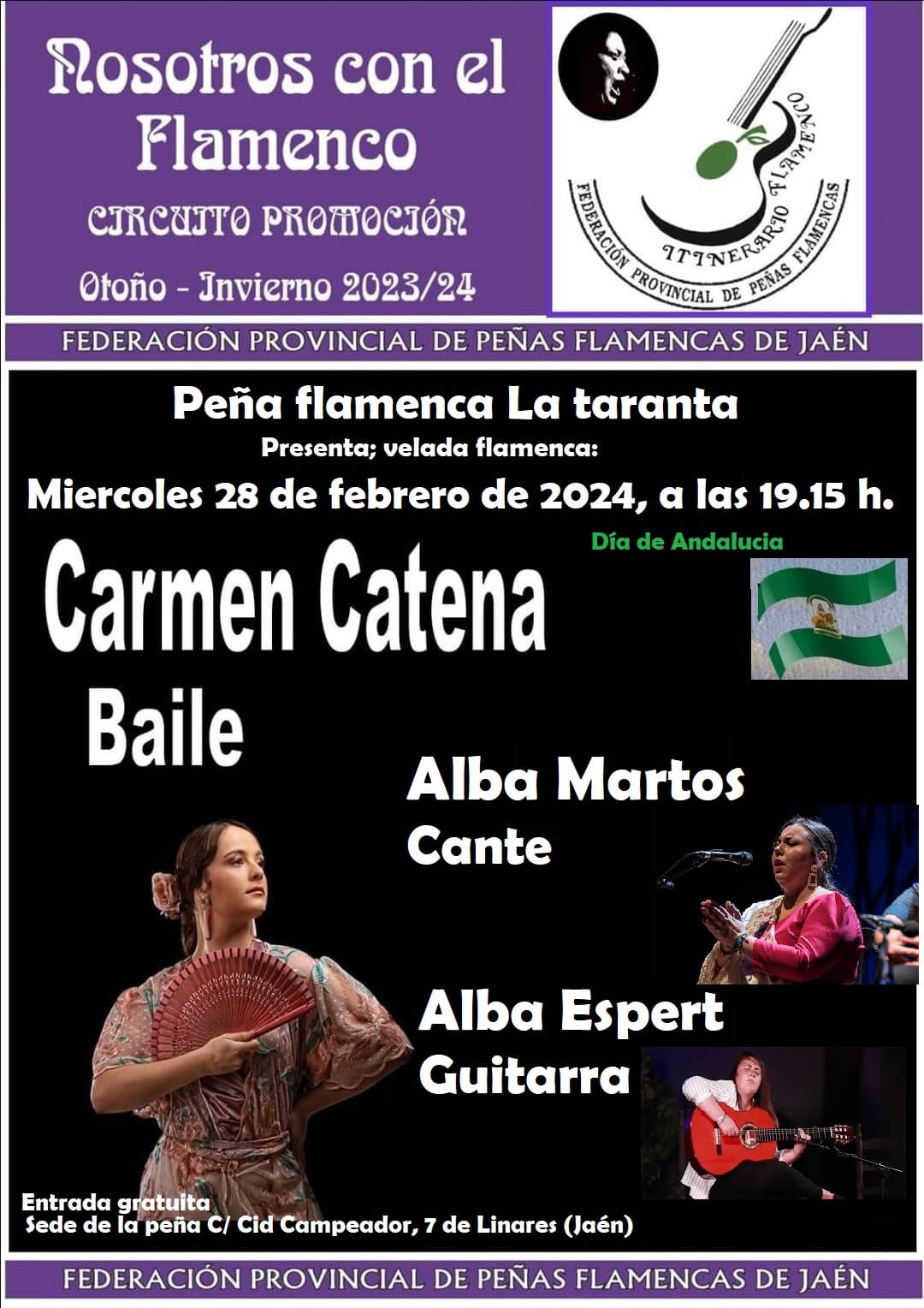 Cartel o imagen de Nosotros con el Flamenco - Circuito Promoción 2023/24 de la Federación Provincial de Peñas Flamencas de Jaén · Acompañando el baile de Carmen Catena y el cante de Alba Martos