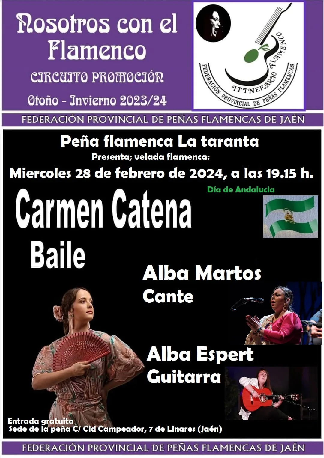 Cartel o imagen de Nosotros con el Flamenco - Circuito Promoción 2023/24 de la Federación Provincial de Peñas Flamencas de Jaén · Acompañando el baile de Carmen Catena y el cante de Alba Martos