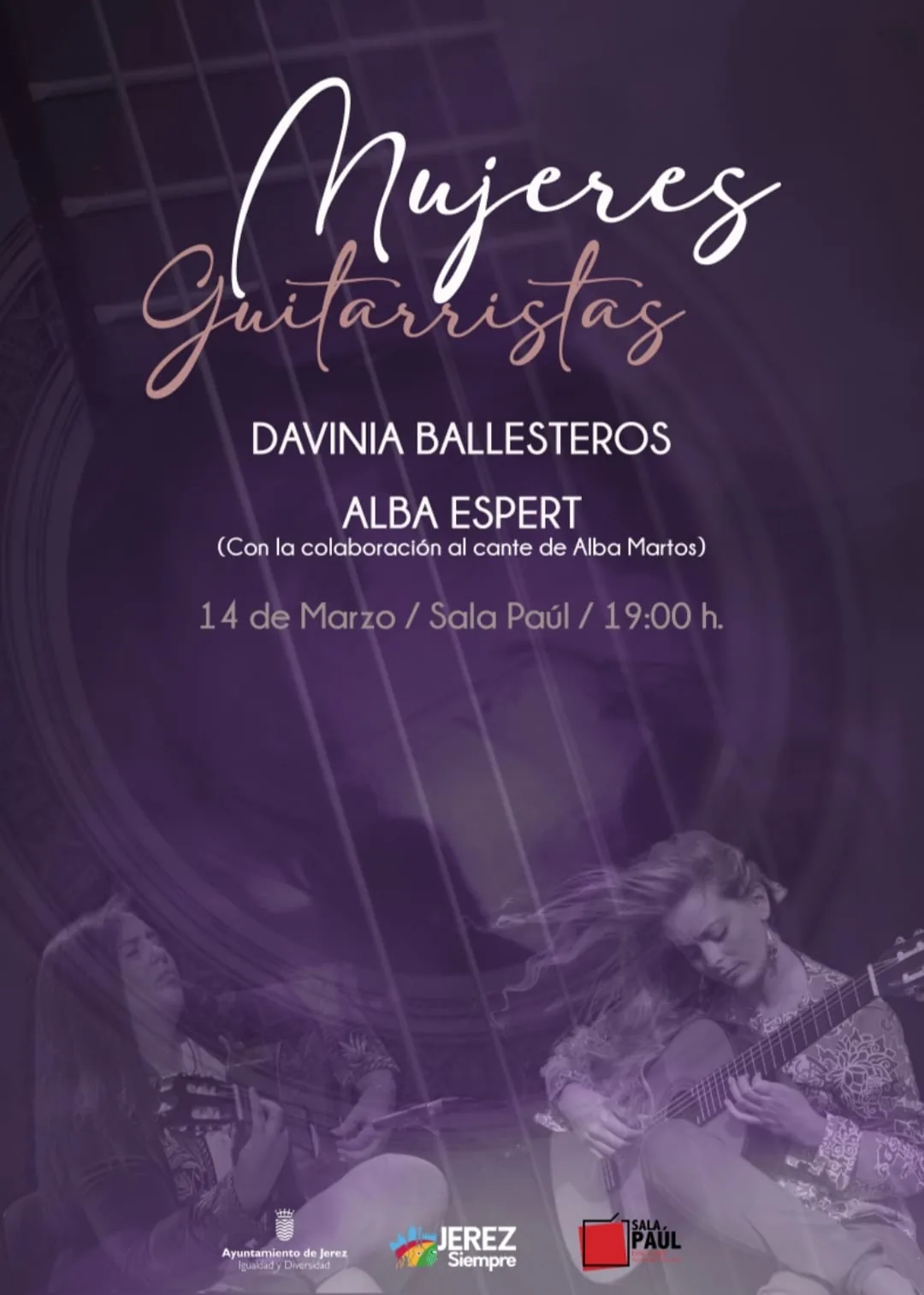 Cartel o imagen de Mujeres Guitarristas: Davinia Ballesteros y Alba Espert · Con la colaboración al cante de Alba Martos
