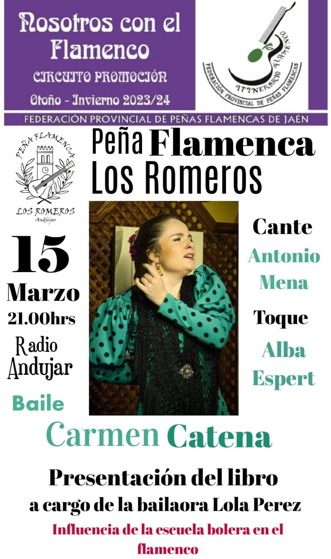 Cartel o imagen de Nosotros con el Flamenco - Circuito Promoción 2023/24 de la Federación Provincial de Peñas Flamencas de Jaén · Carmen Catena al baile, Alba Espert al toque y Antonio Mena al cante