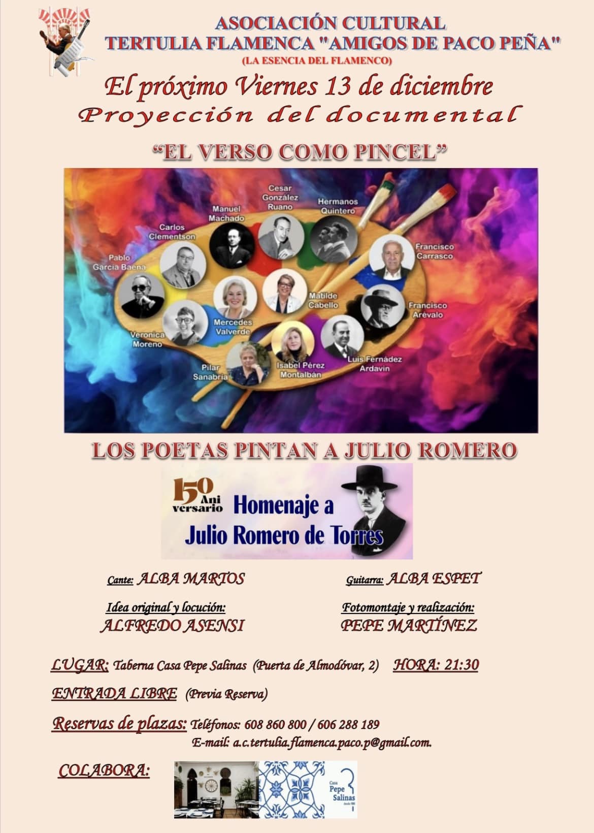 Cartel o imagen de Recital Flamenco con motivo de la presentación del Documental "El verso como pincel. Los poetas pintan a Julio Romero" · Acompañando el cante de Alba Martos