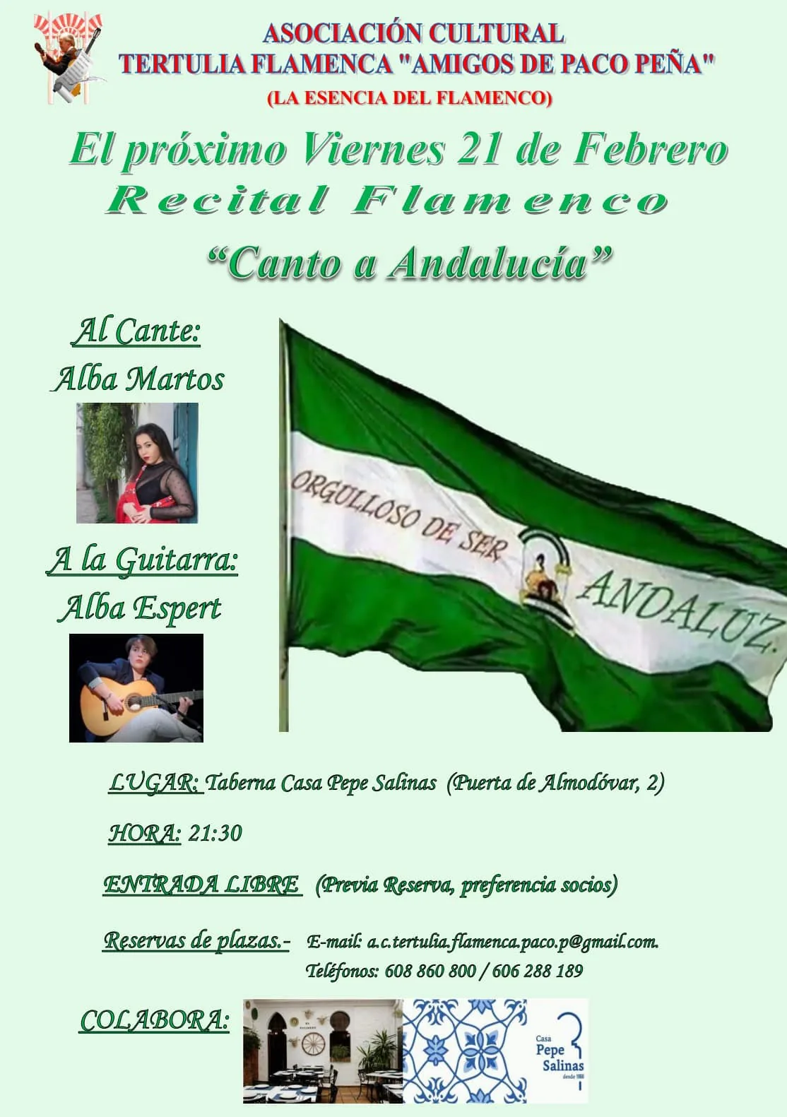 Cartel o imagen de Recital Flamenco “Canto a Andalucía" · Acompañando el cante de Alba Martos