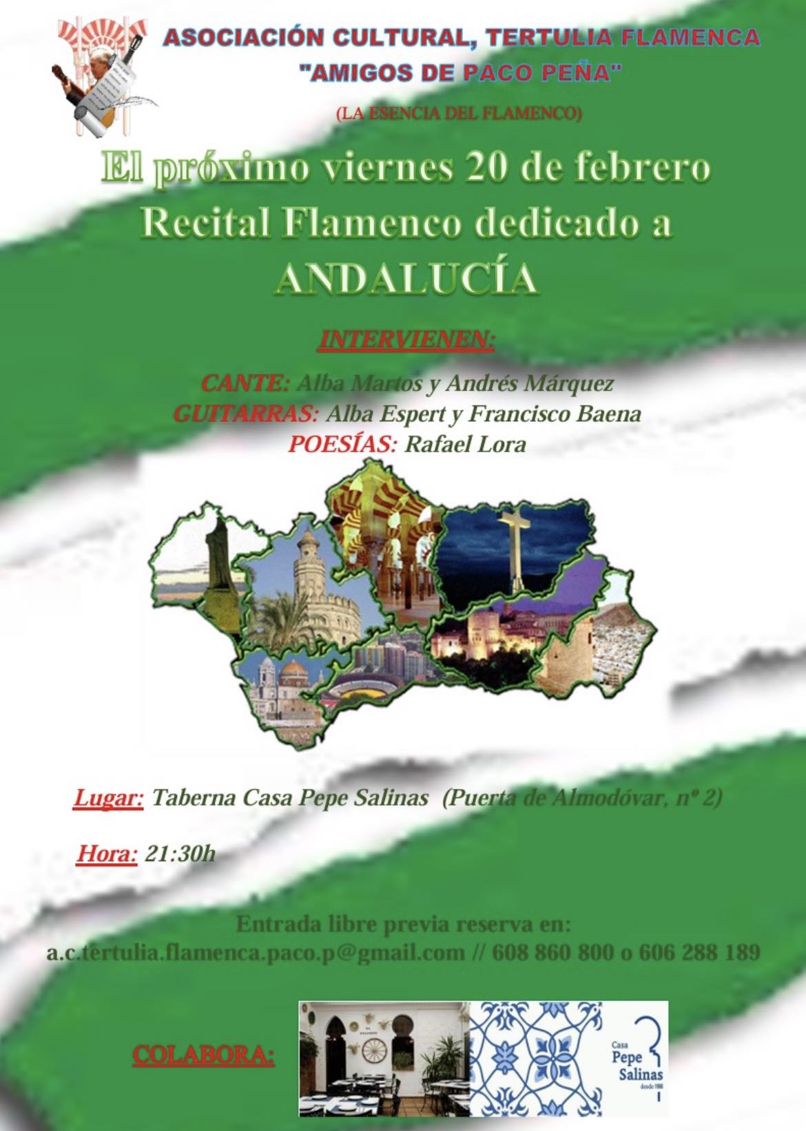 Cartel o imagen de Recital Flamenco dedicado a Andalucía · Al cante: Alba Martos y Andrés Márquez · Al toque: Alba Espert y Francisco Baena · Poesías: Rafael Lora