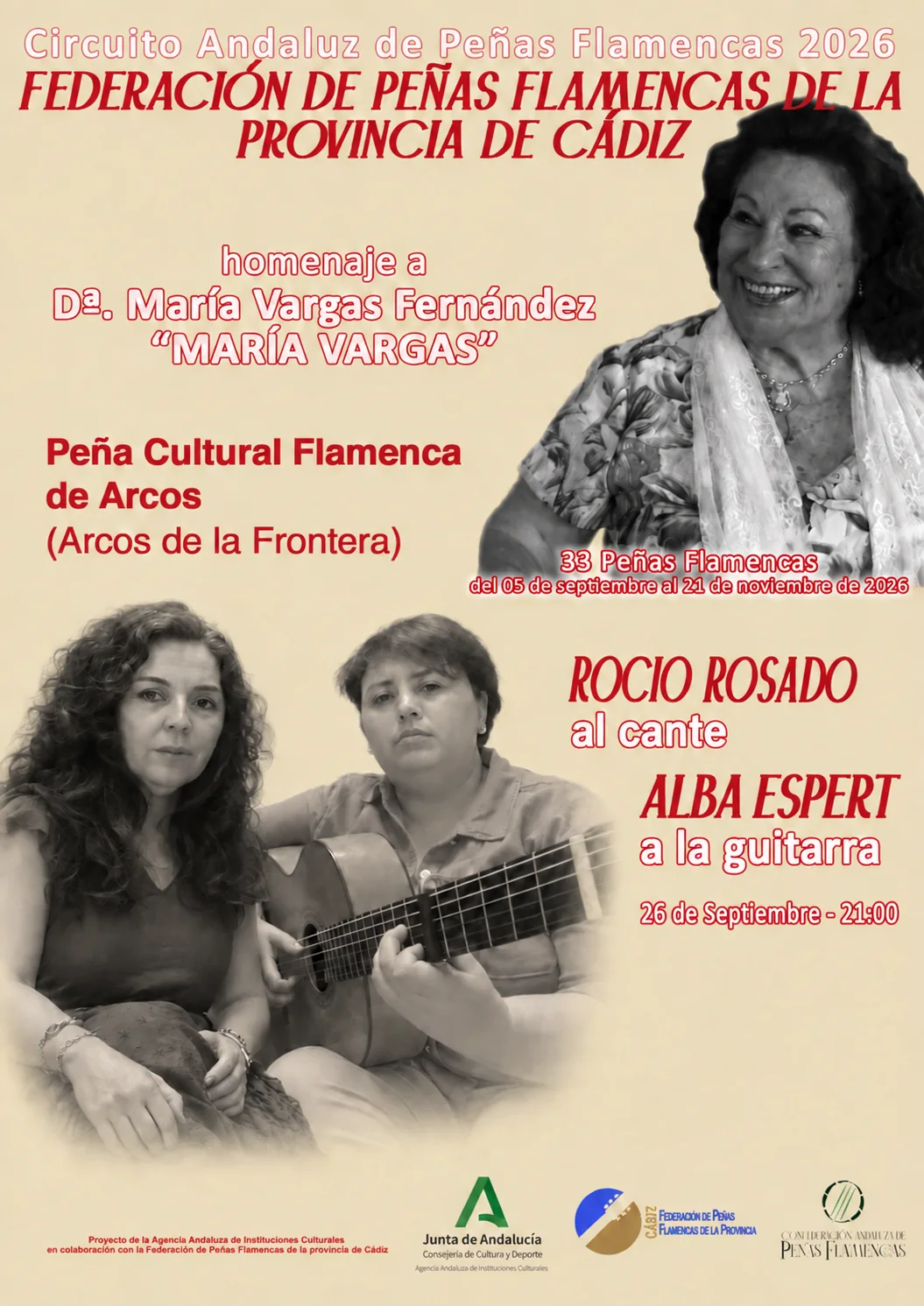 Cartel del Circuito Andaluz de Peñas Flamencas con Rocío Rosado al cante y Alba Espert a la guitarra